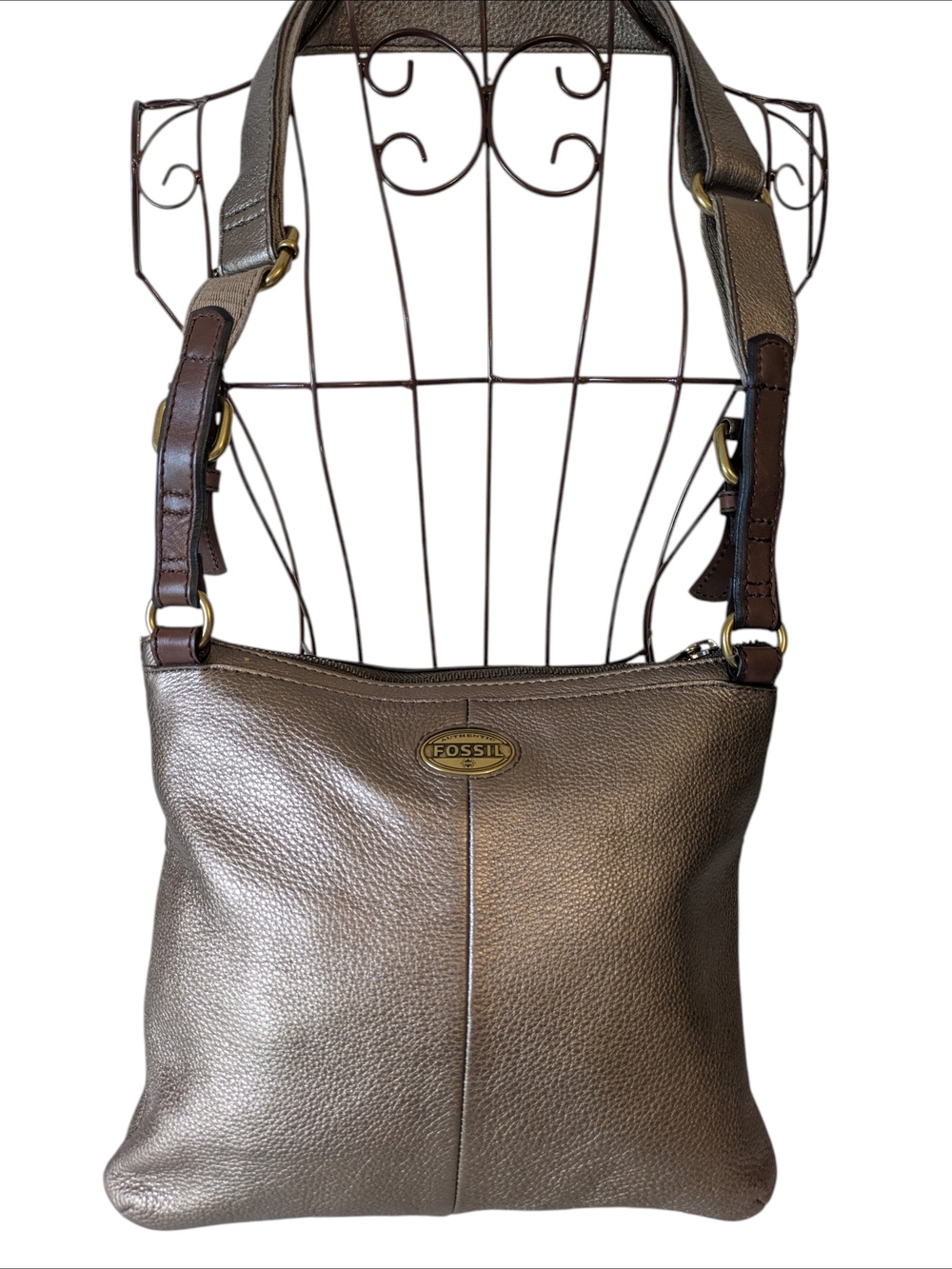 Fossil Explorer Metallic Brown Pebbled Leather Crossbody Bag